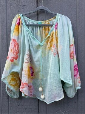 Farm Rio Light Aqua Floral Boho Peasant Top Size: M